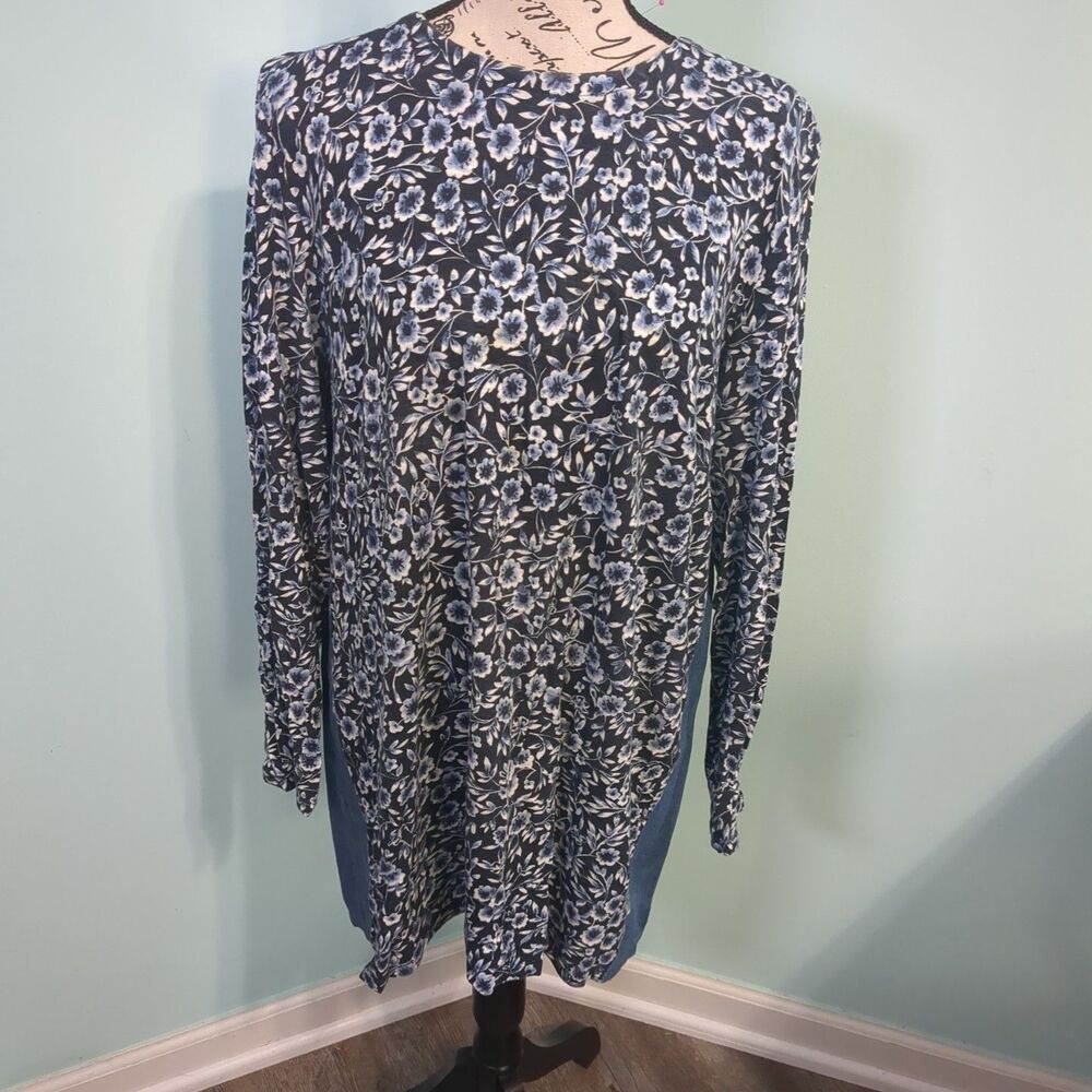 J. Jill contrast tunic top blouse floral chambray blue button back large